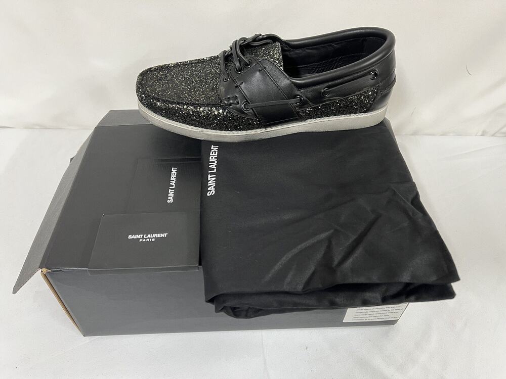 NIB Saint Laurent Phoenix Black Leather Glitter Deck Boat Shoe 44EU/11US $895.00